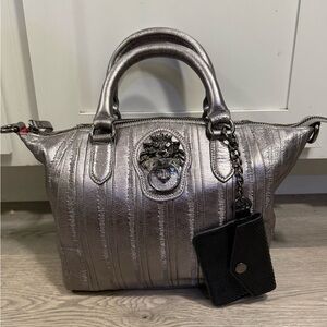 Sharif Legacy Caviar Snake Leather Designer Satchel Bag w/ Lion Knocker Silver